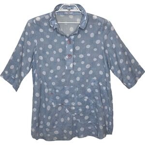 TERRA SJ Apparel Tunic Blouse Women's L Blue Polka‎ Dot Asymmetrical Artsy Boho